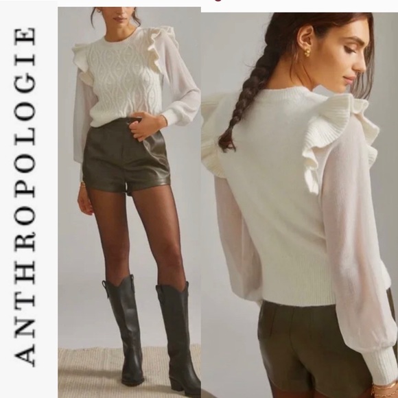 NWT Anthropologie White Ruffled Knit Puff Sleeve Sweater xs - Picture 2 of 14